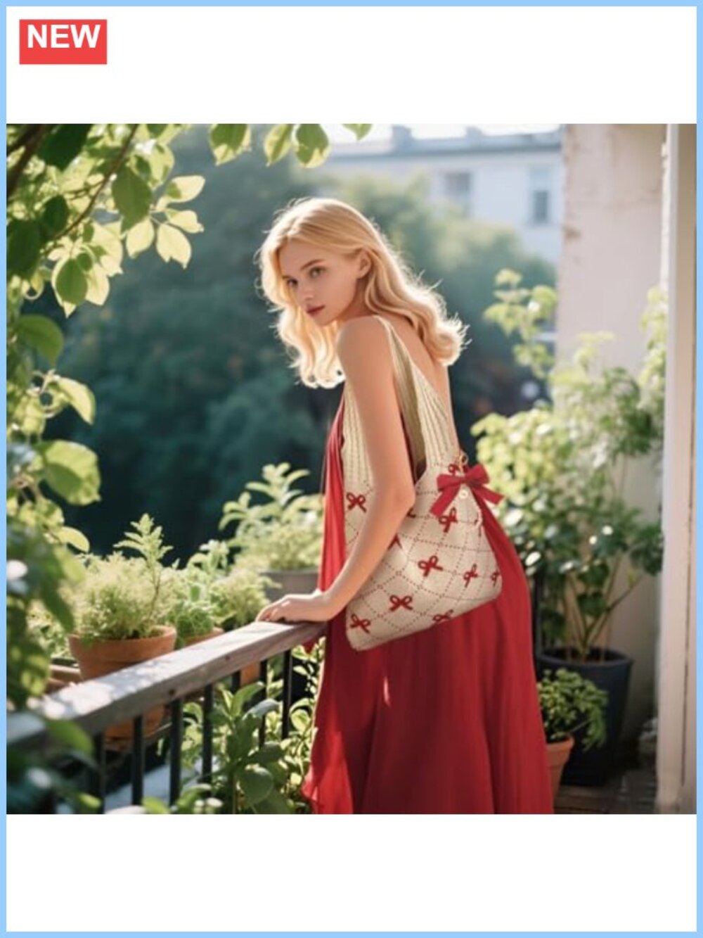 Crochet Tote Bag with Bow Keychain Mesh Knitted Shoulder Bag - Picture 2 of 6